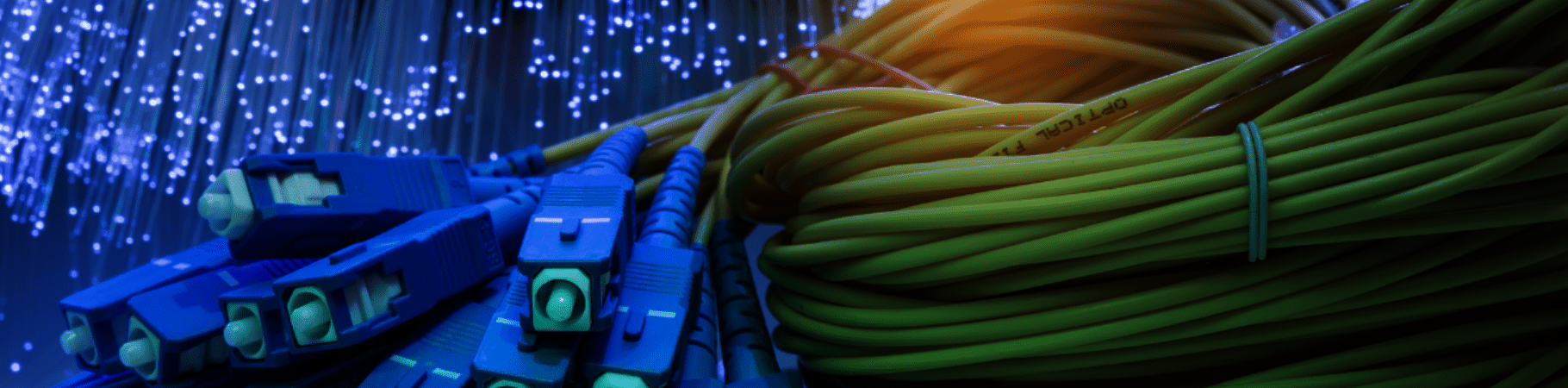  An assortment of various fiber optic cables bundled together over a blue background