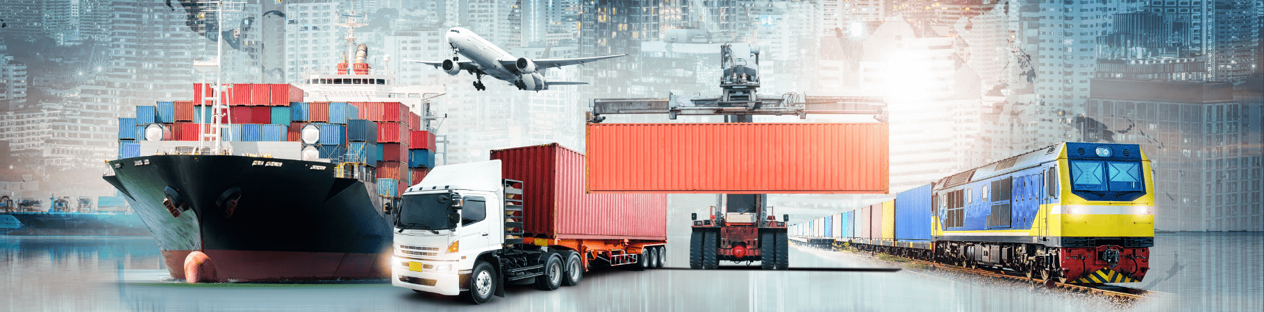 Cargo ship, Semi Truck, Airplane, and Train along a city backdrop